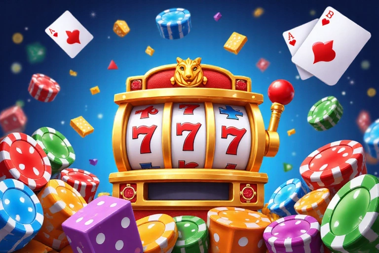 Animated illustration of various casino game elements like cards, dice, and slot symbols in a playful style.