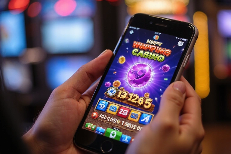 Close-up of a smartphone screen displaying a new social casino game with vibrant graphics.