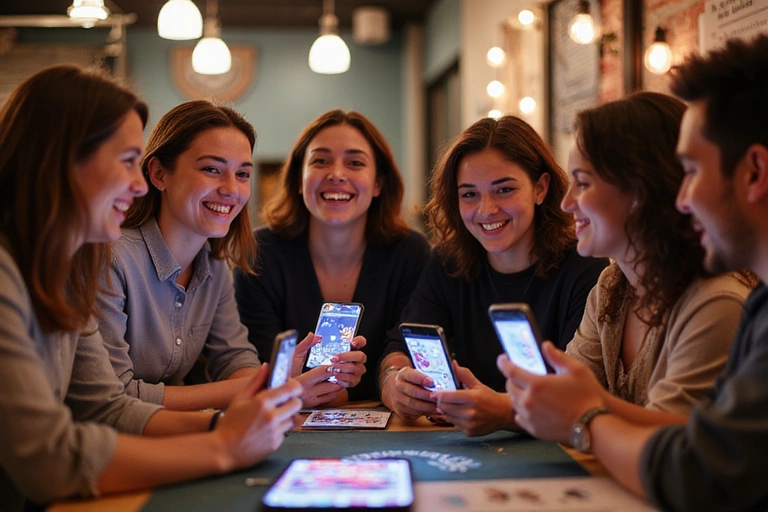 Group of friends laughing and interacting while playing social casino games on their phones.