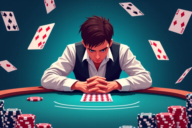 Illustration of a person strategizing over a social casino poker game with virtual chips.