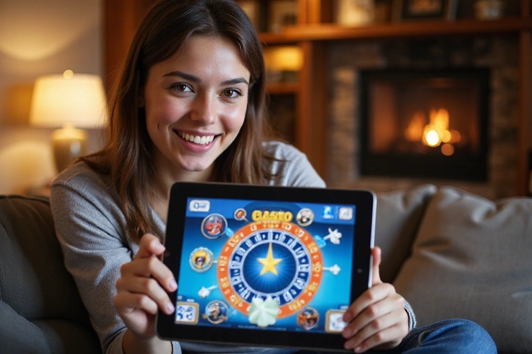 Person playing social casino game on a tablet, smiling.