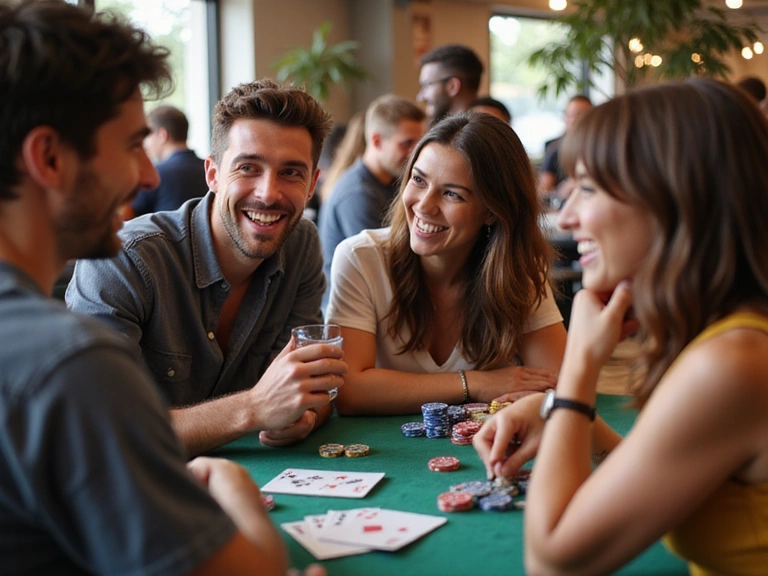 Conceptual image showing people interacting and having fun in a social setting, with subtle, abstract casino elements