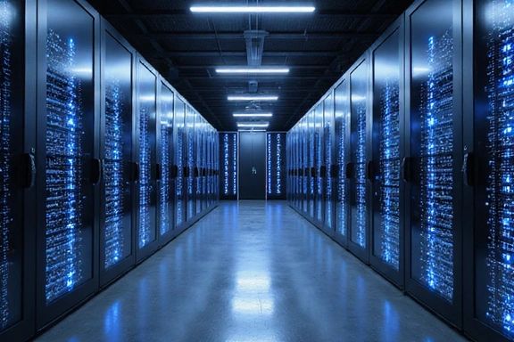 Secure server room with glowing data lines