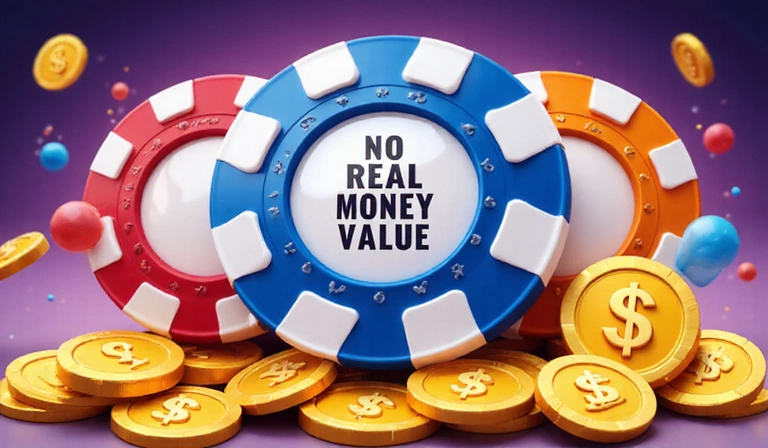 Illustration of virtual game chips and coins, emphasizing no real money value